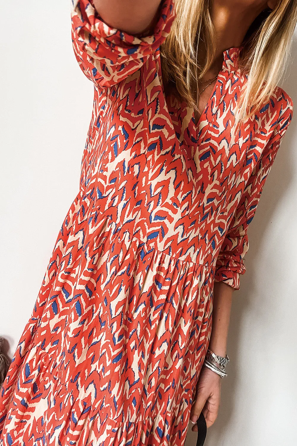 Abstract Print V Neck Pleated High Waist Midi Dress