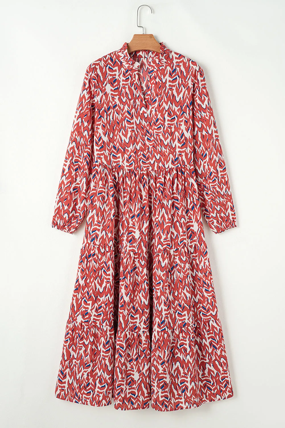 Abstract Print V Neck Pleated High Waist Midi Dress