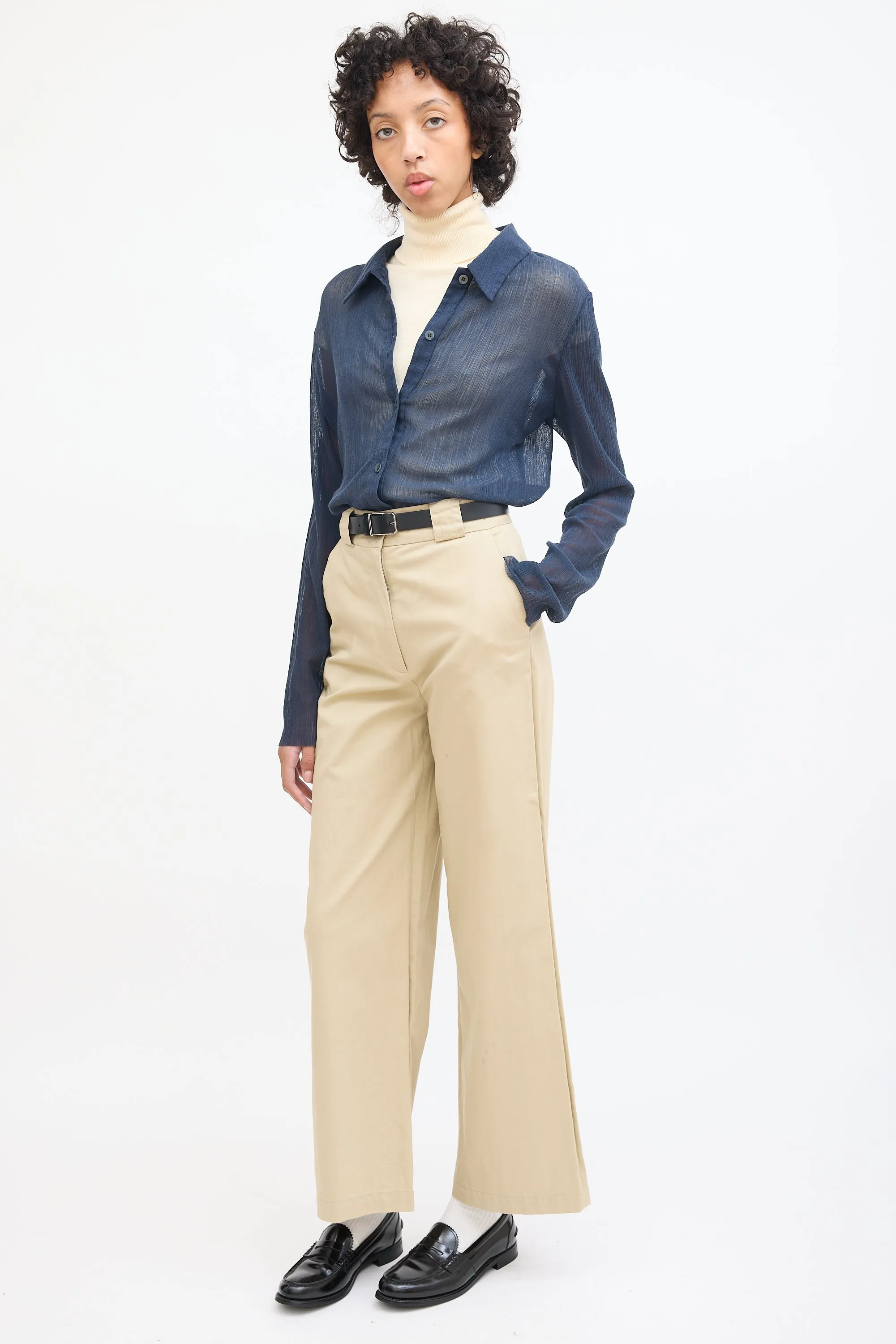 Beige Cotton Wide Leg Trouser