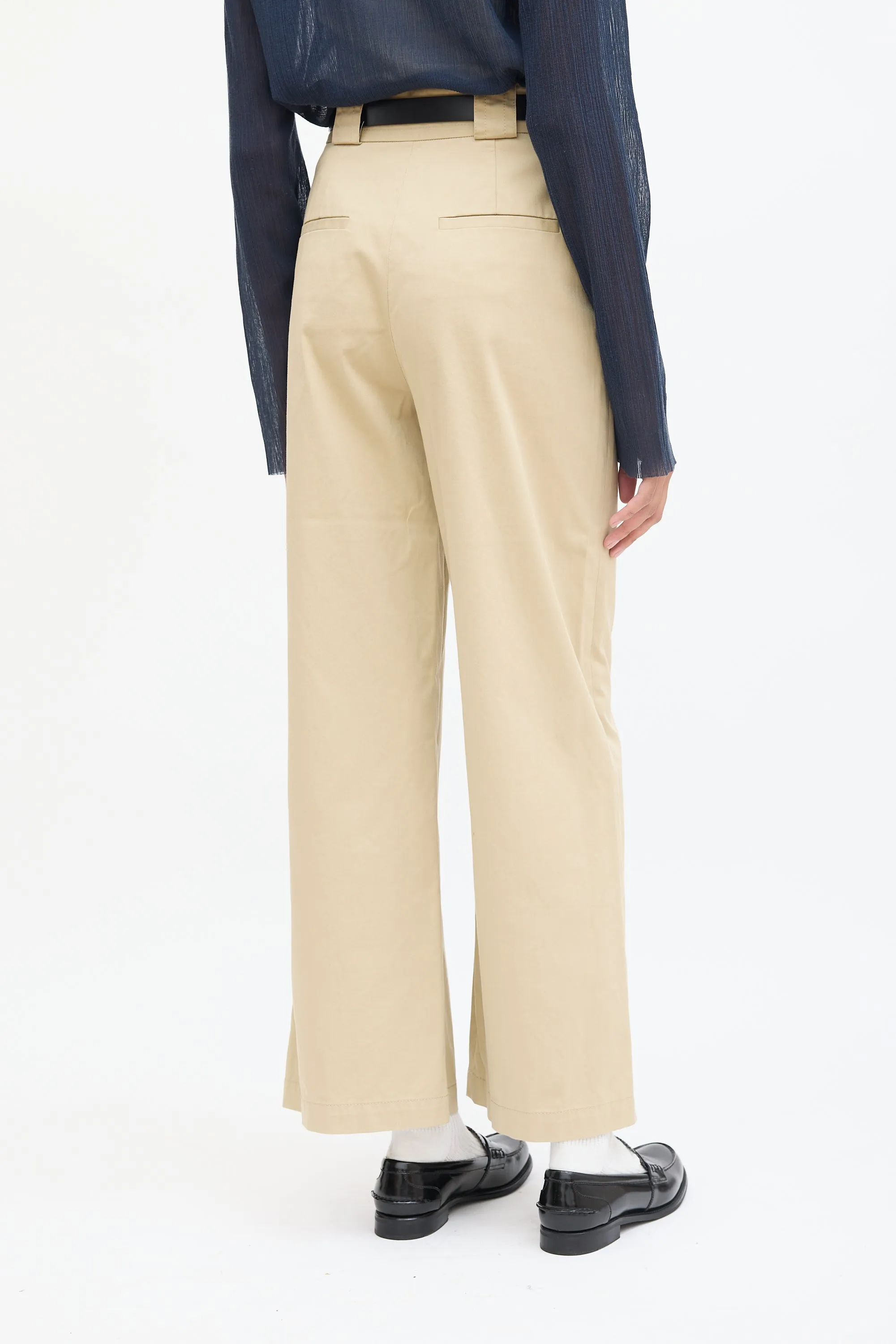Beige Cotton Wide Leg Trouser