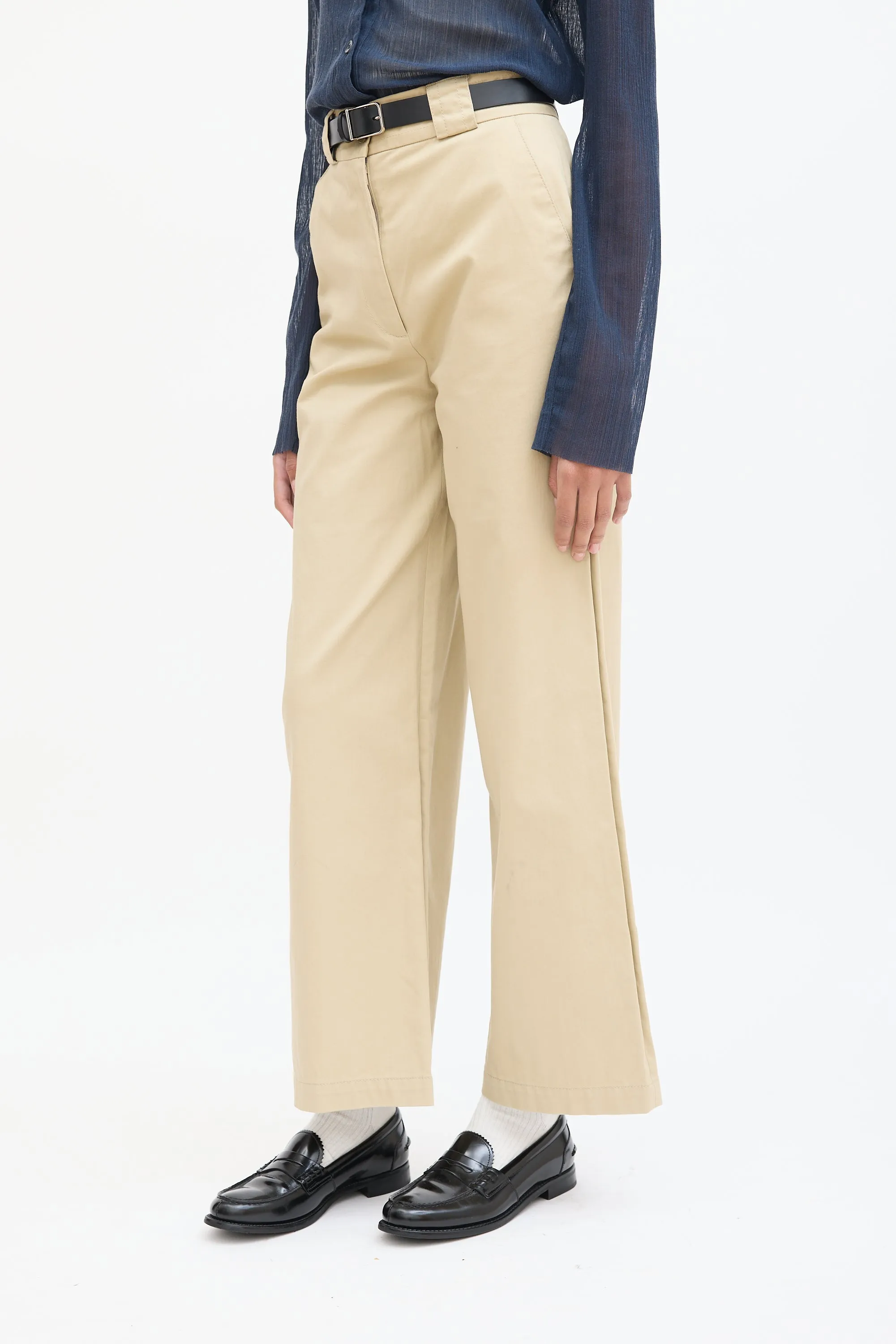 Beige Cotton Wide Leg Trouser
