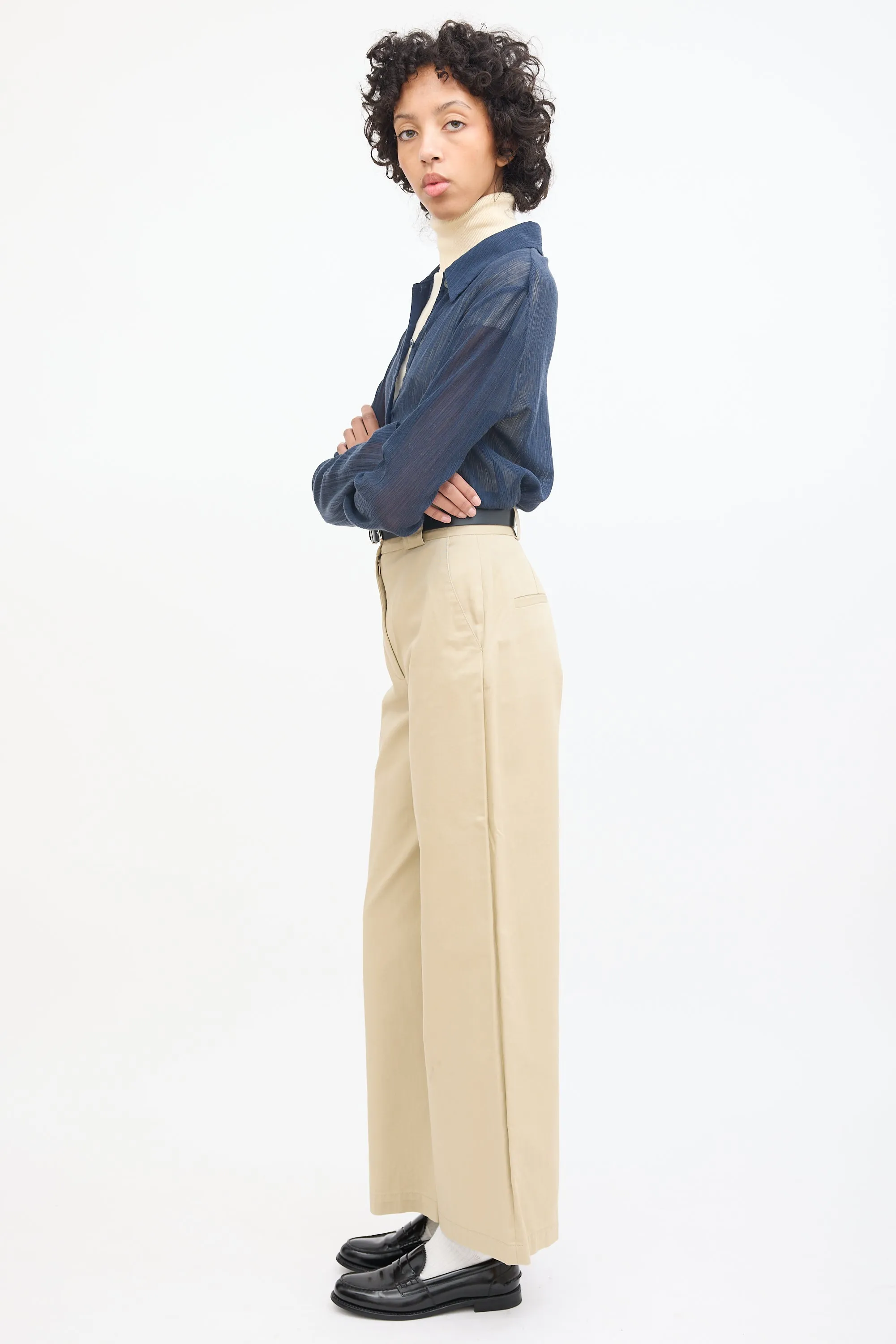 Beige Cotton Wide Leg Trouser
