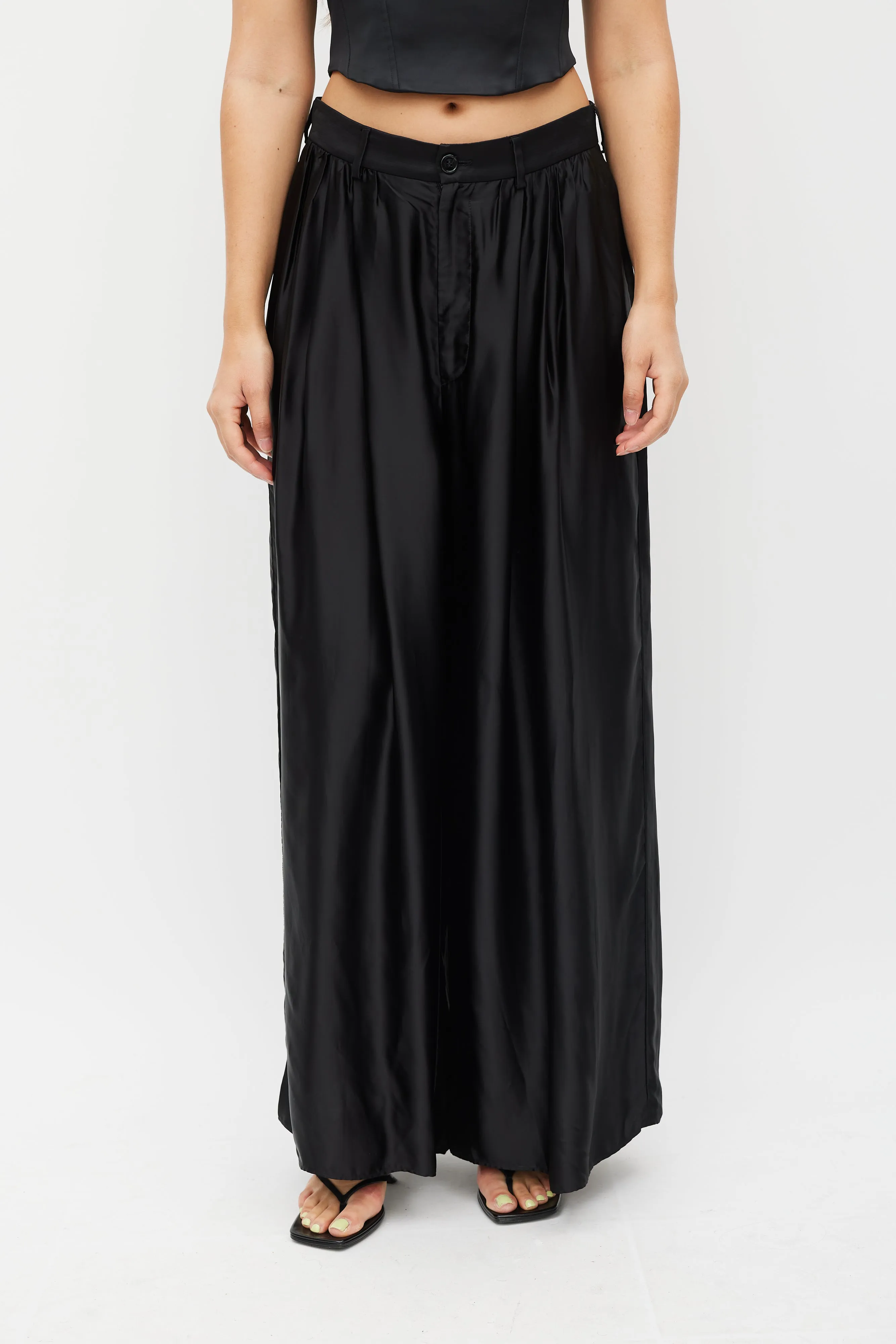 Black Satin Wide Leg Asymmetrical Trouser