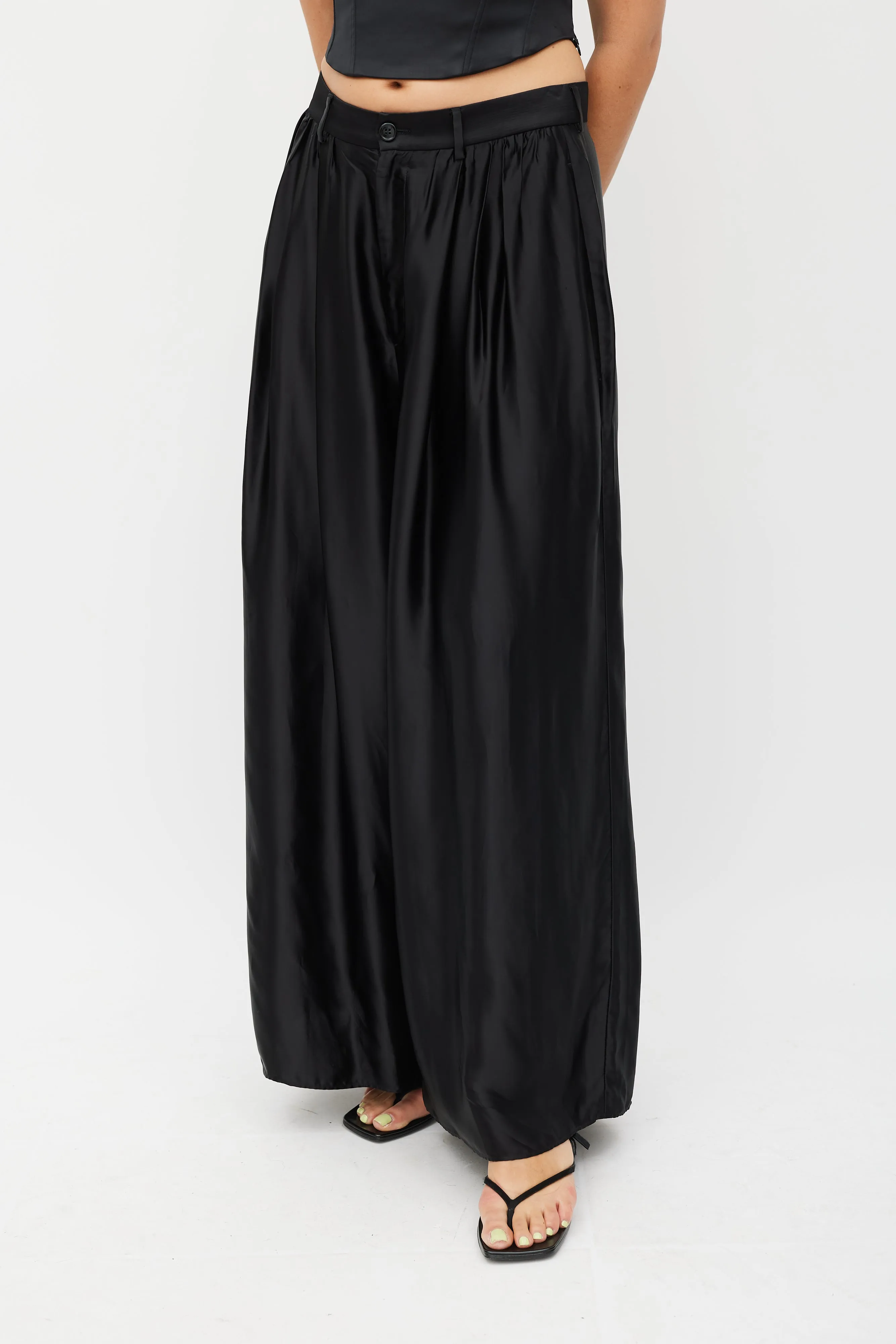 Black Satin Wide Leg Asymmetrical Trouser