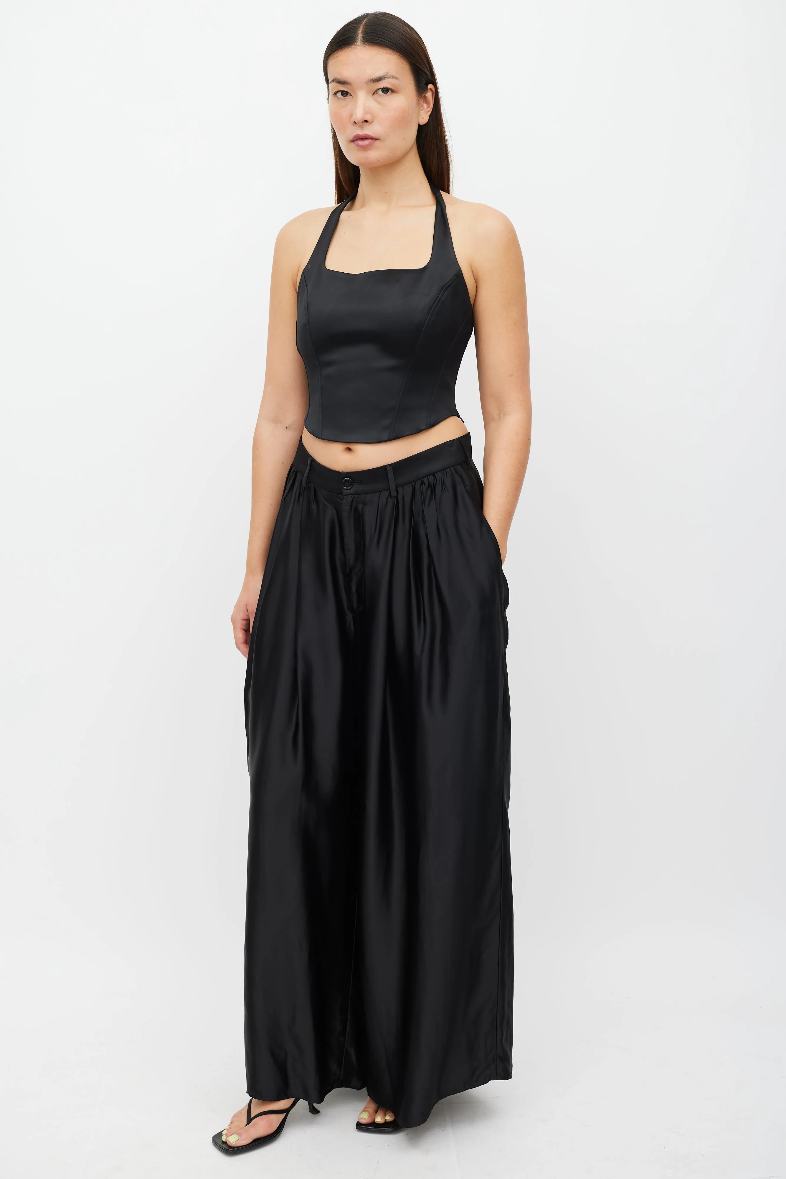 Black Satin Wide Leg Asymmetrical Trouser