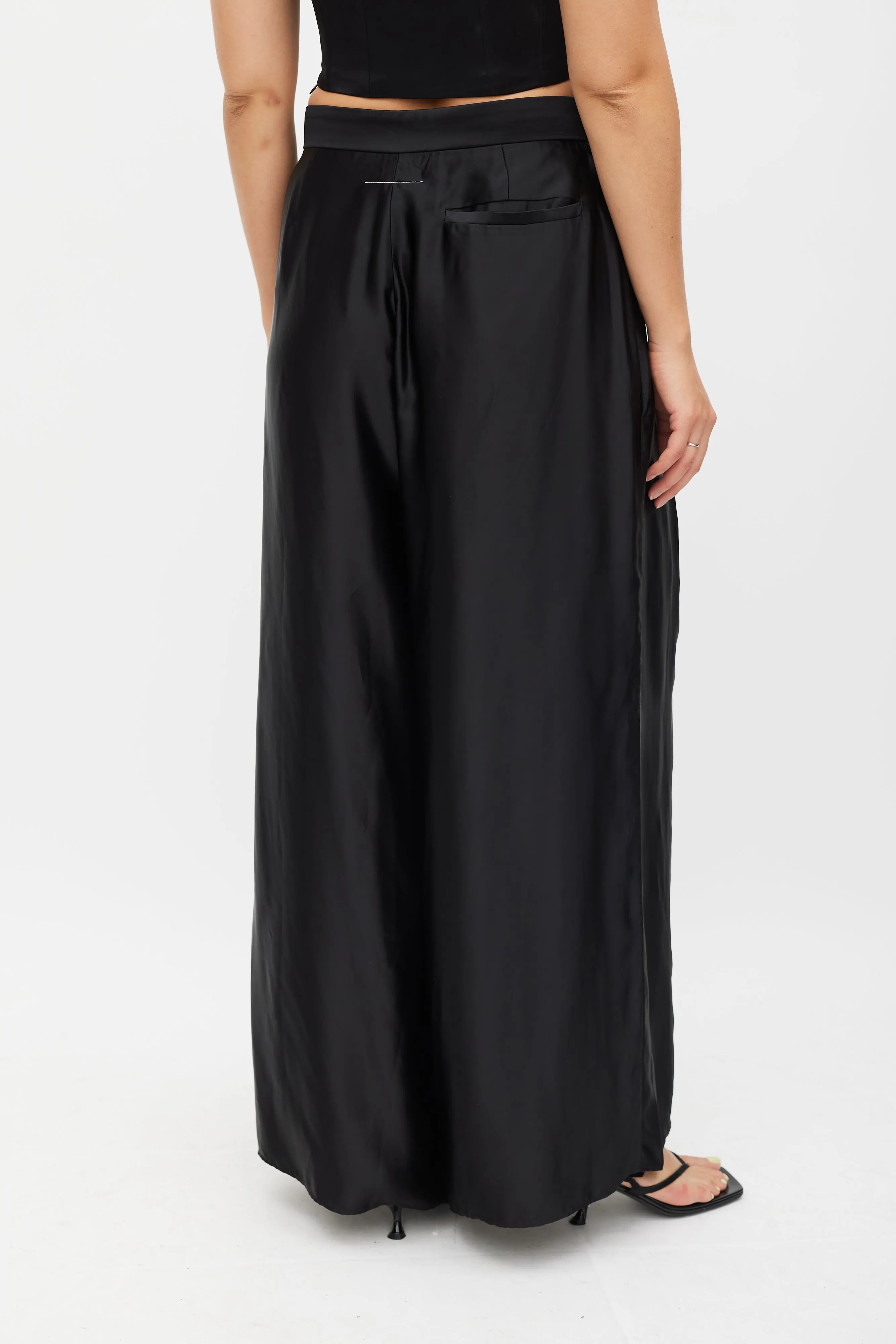 Black Satin Wide Leg Asymmetrical Trouser