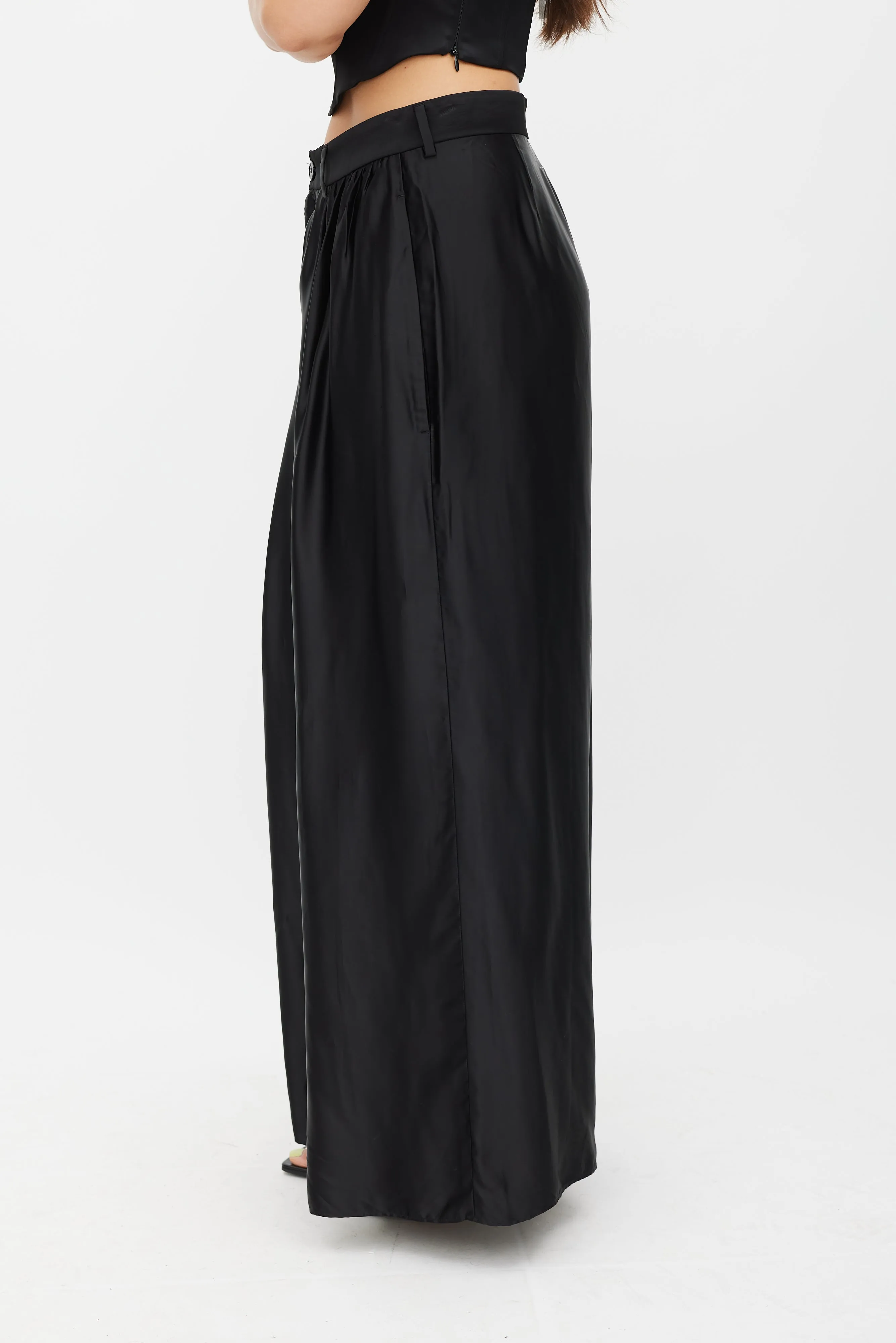 Black Satin Wide Leg Asymmetrical Trouser