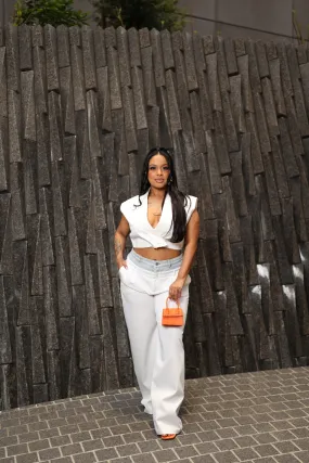 Denim Waistband Wide Leg Trouser Pants