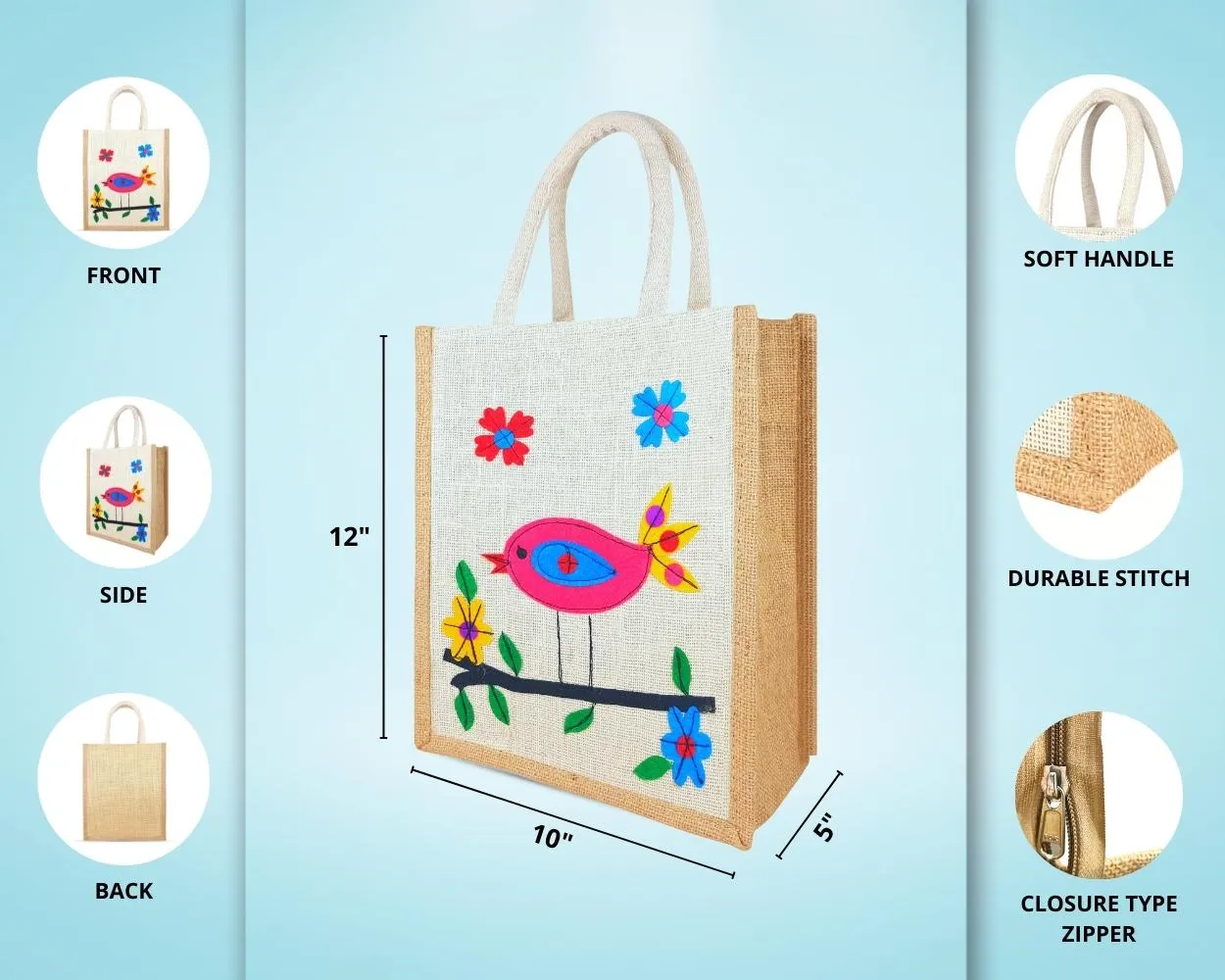 Designer Jute Lunch Bag - Mesmerizing and Pleasant Little Handcrafted Bird with Zipper (10 x 5 x 12 inches)