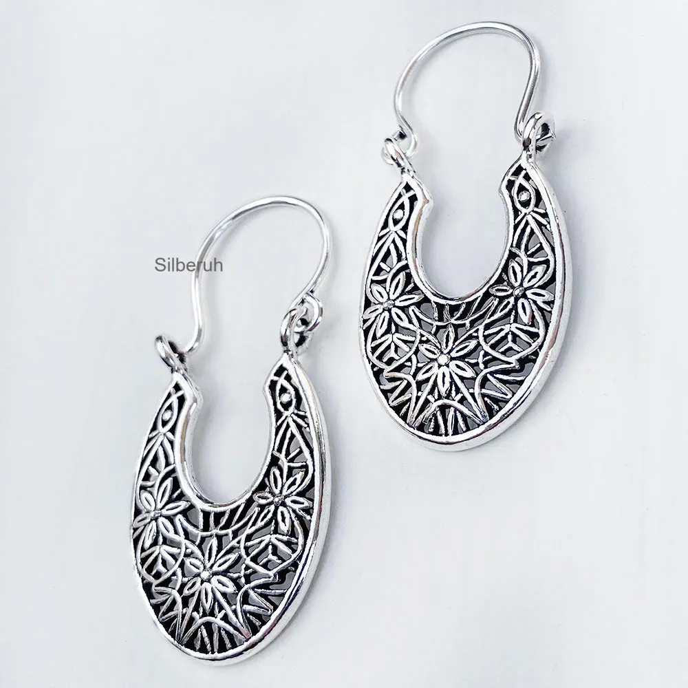 Flower Silver Bali Hoop Earring