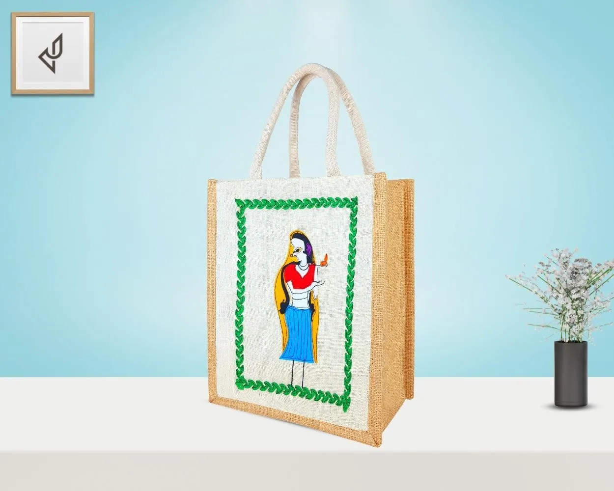 Multi Utility Designer Jute Bag - Alluring Handcrafted Beautiful Lady Holding a Diya with Zipper (12 x 5 x 14 inches)