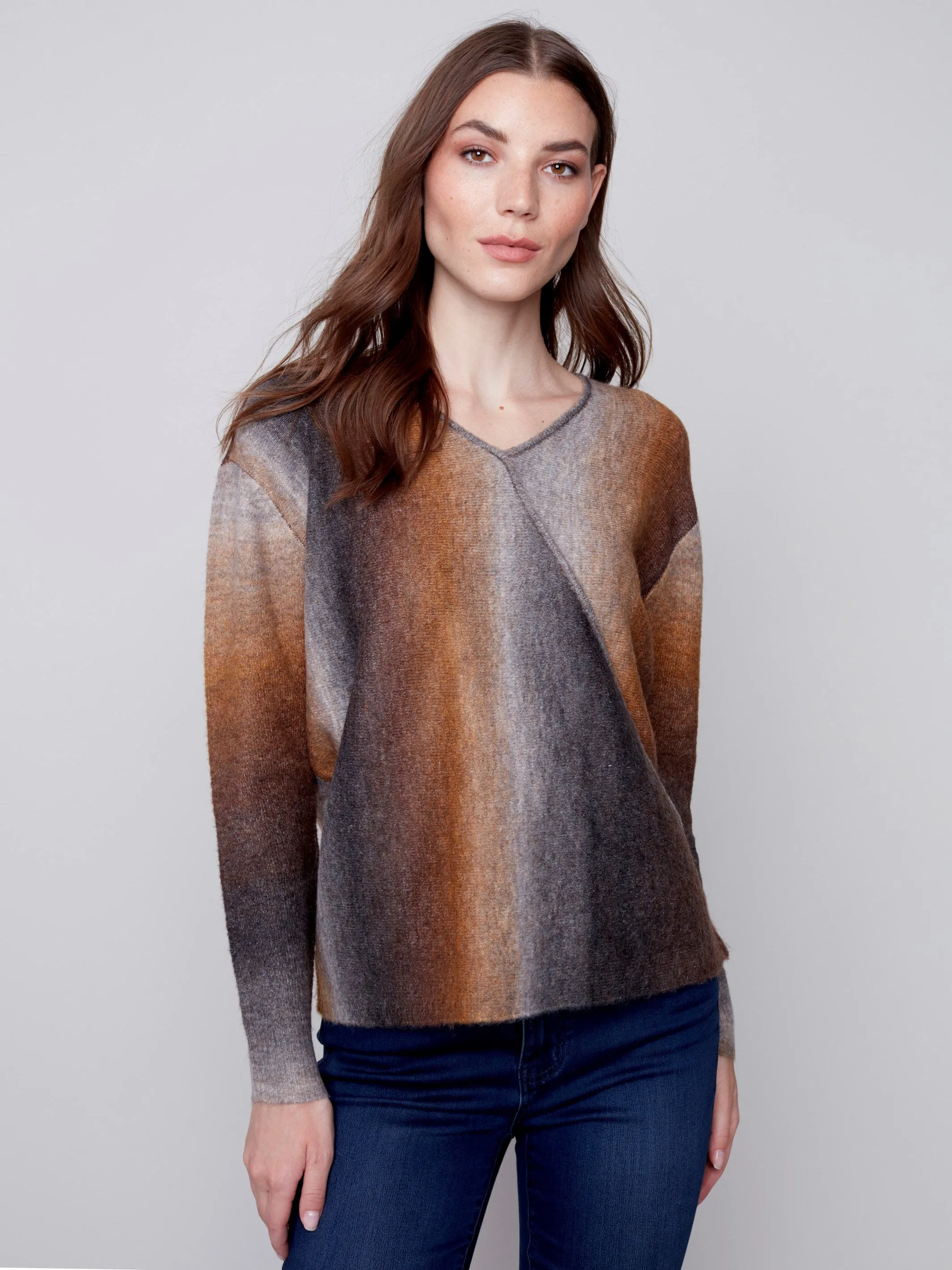 Ombré Knit V-Neck Wrap Sweater - Truffle