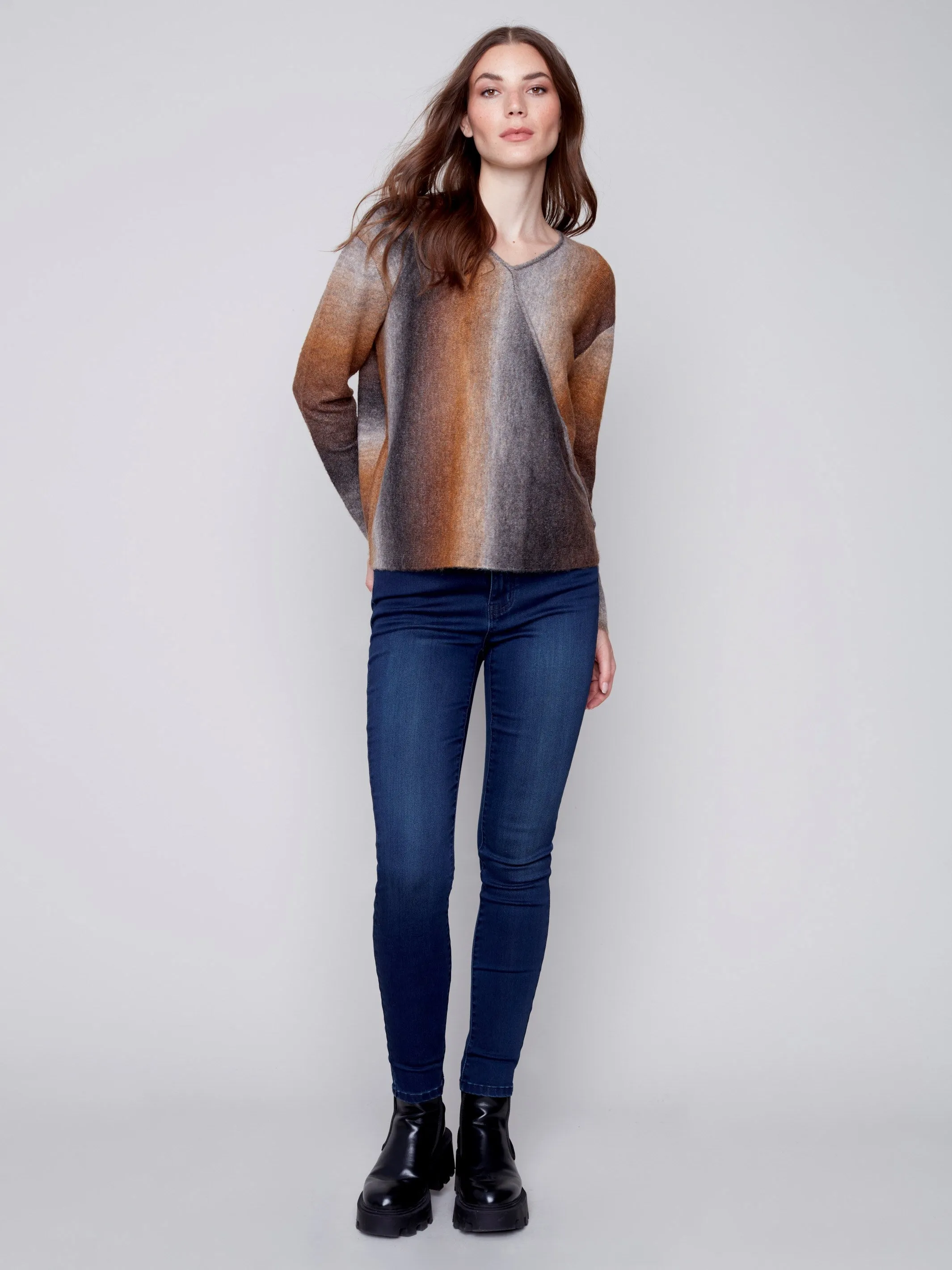 Ombré Knit V-Neck Wrap Sweater - Truffle
