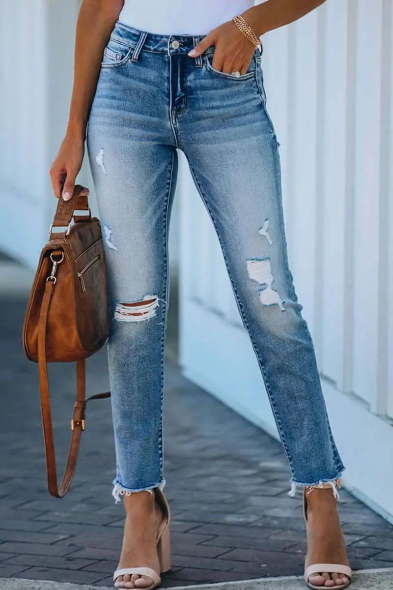 Women's Ripped Skinny Jeans: Distressed Denim Ankle-Length Jeans